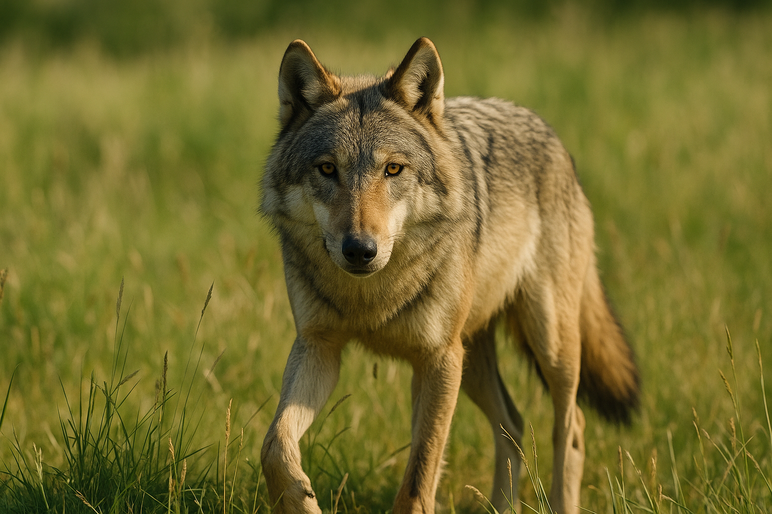 オオカミ（狼）の画像｜草原で警戒する1匹【無料】