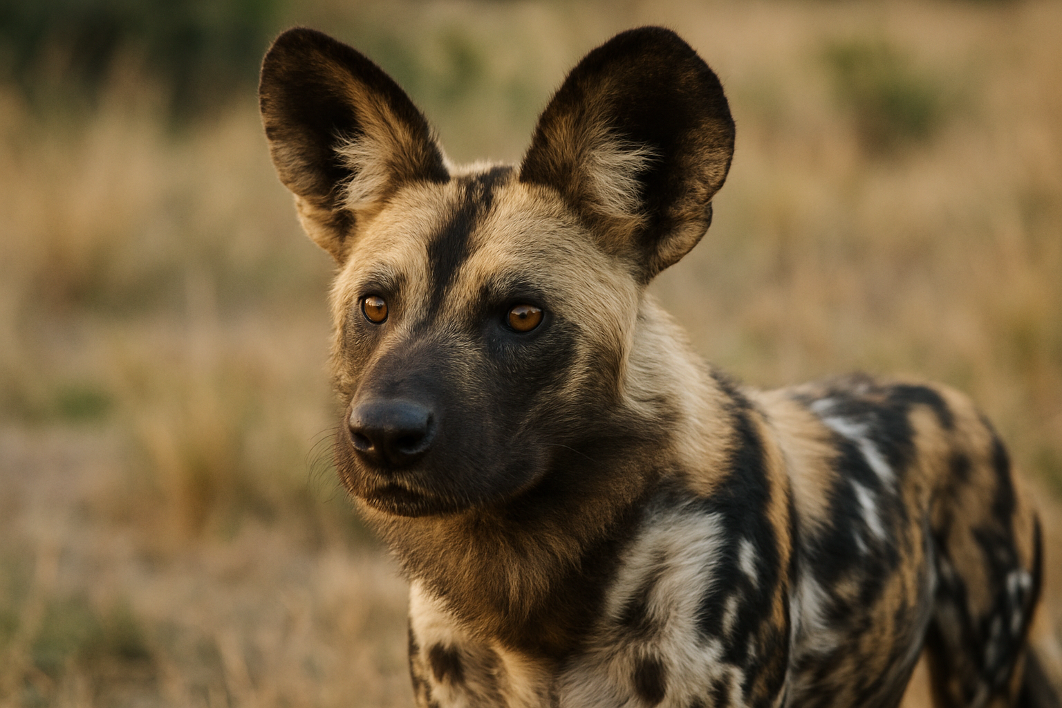 リカオンの画像｜草原で何かを見つめる個体【無料】