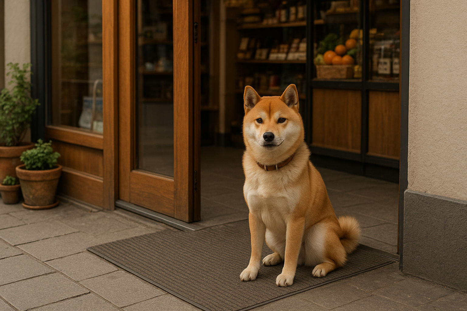 柴犬の画像｜店先でお座りする看板犬【無料】