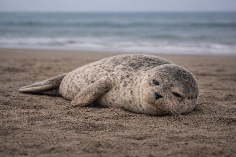 砂浜で休むゴマフアザラシの子ども / Baby harbor seal resting on the beach