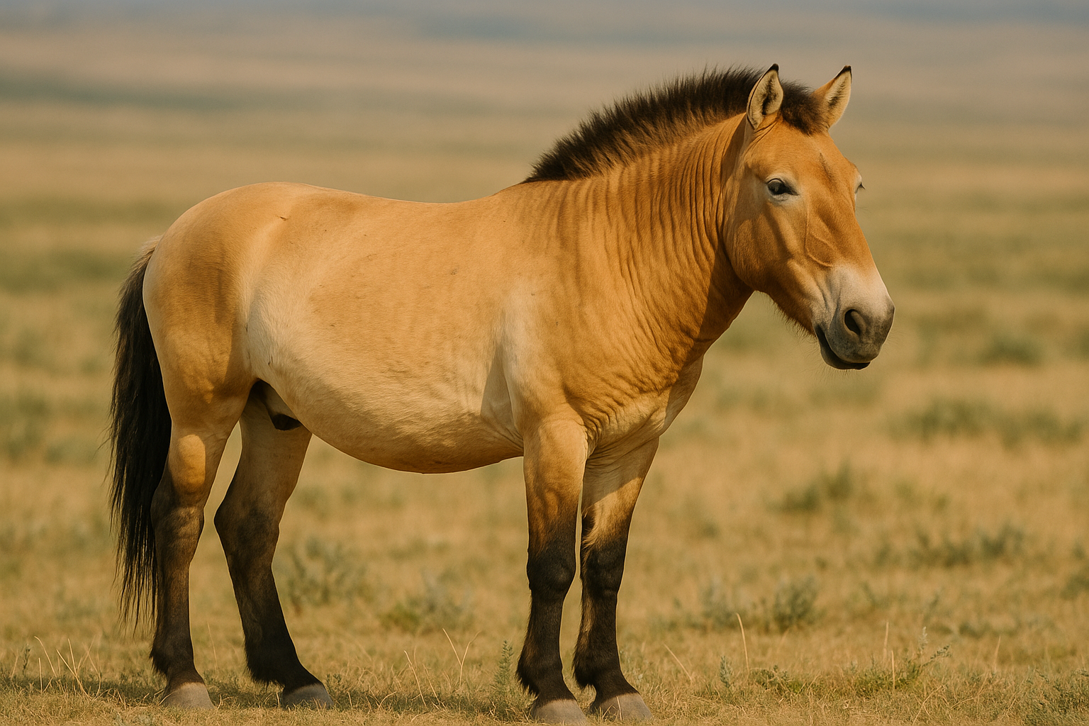 モウコノウマ（タヒ）の画像｜乾いた草原に立つ野生の馬【無料】