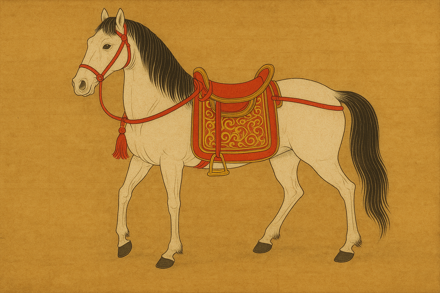 装飾をまとった白い神馬