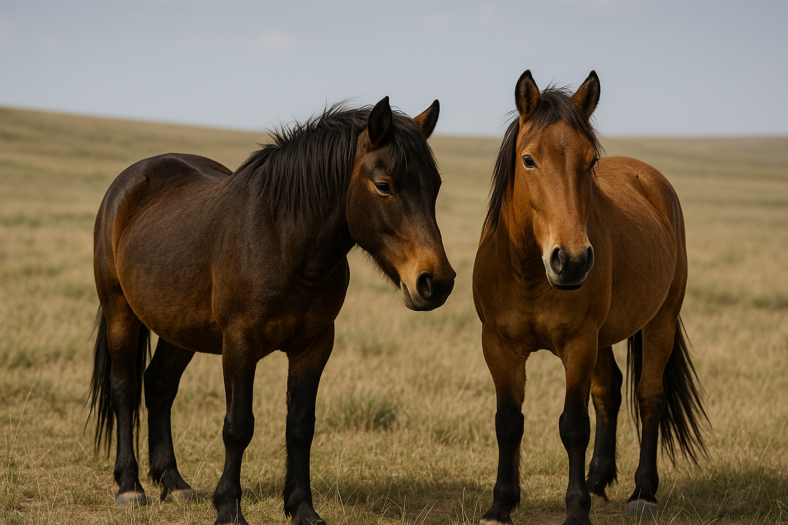 草原に立つフェラルホース（野生化した馬）