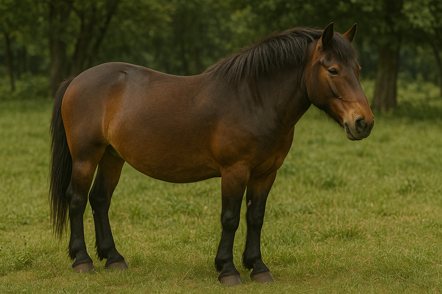 草地に立つ木曽馬